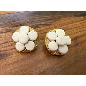 Vintage Lister Clip On Gold Tone Earrings Round White Circles